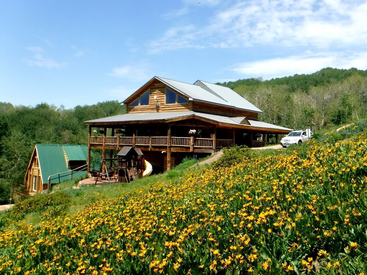Bunkhouse and lodge surrounded by summer wildflowers