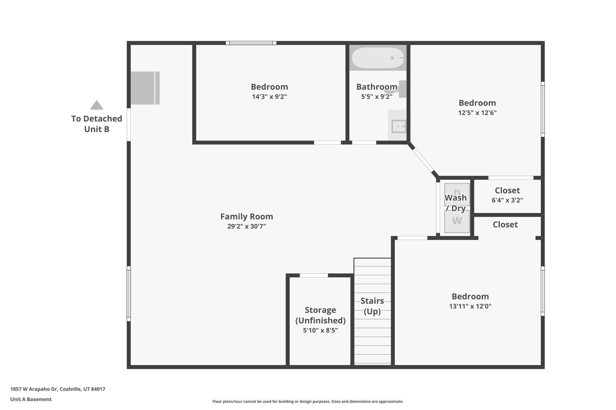 Main Lodge lower-level plan with family room, three bedrooms, storage, and full bath