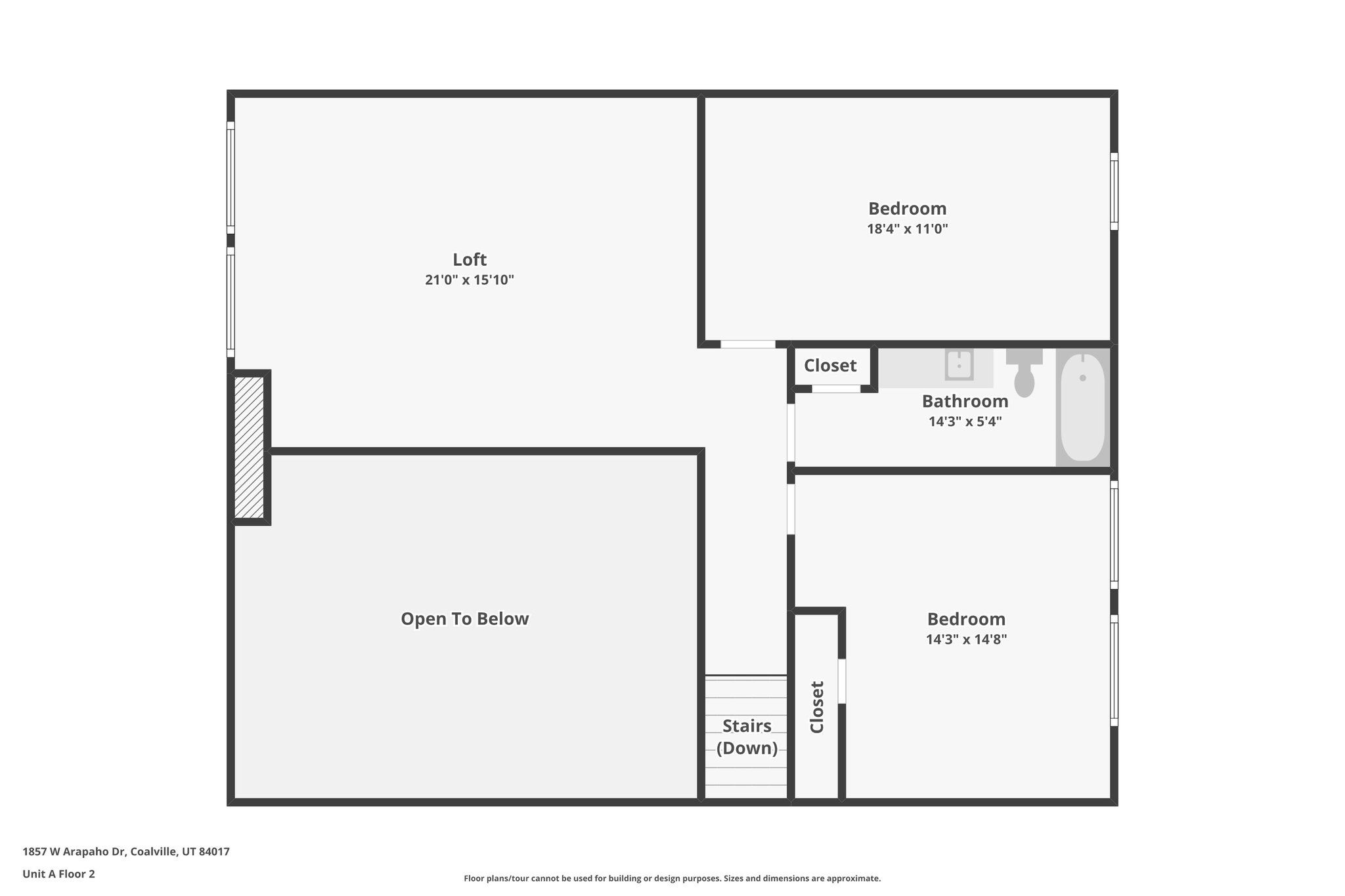Main Lodge upper-floor plan with open loft, two bedrooms, and full bath